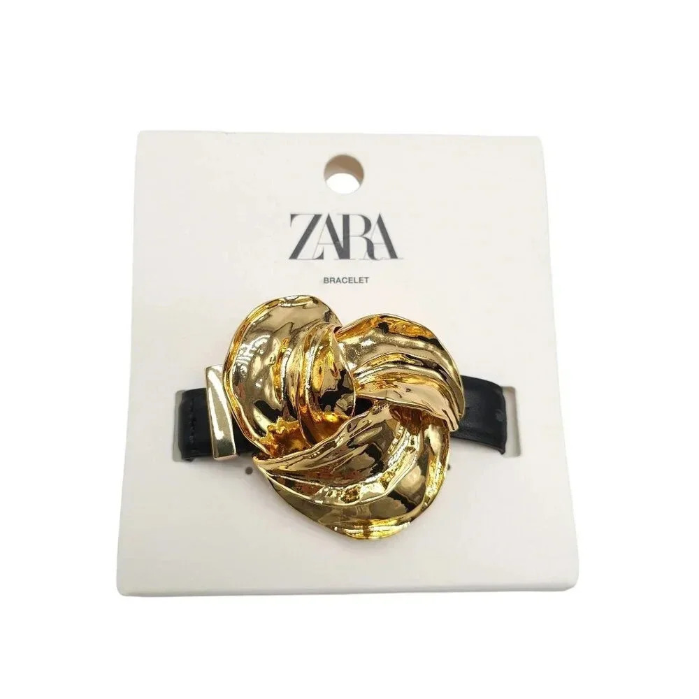 Zara Gold Tone Flower Adjustable Bracelet Black Band Retired Piece New READ ME